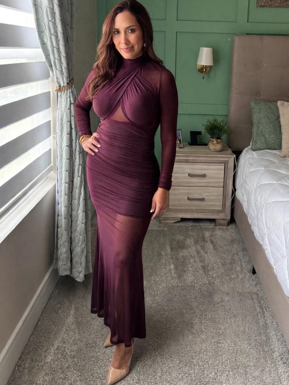 SHEIN Long Sleeve Mesh Ruched Maxi Dress in Plum